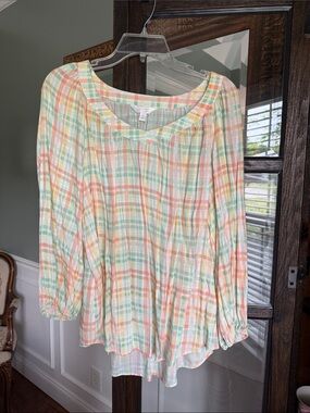 Women’s LC Lauren Conrad Pastel Plaid Peasant Blouse - Mint, Peach, Cream size L